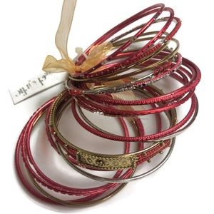 NWT Charming Charlie Beaded Rhinestone  Red Gold & Silver Bangle Set
